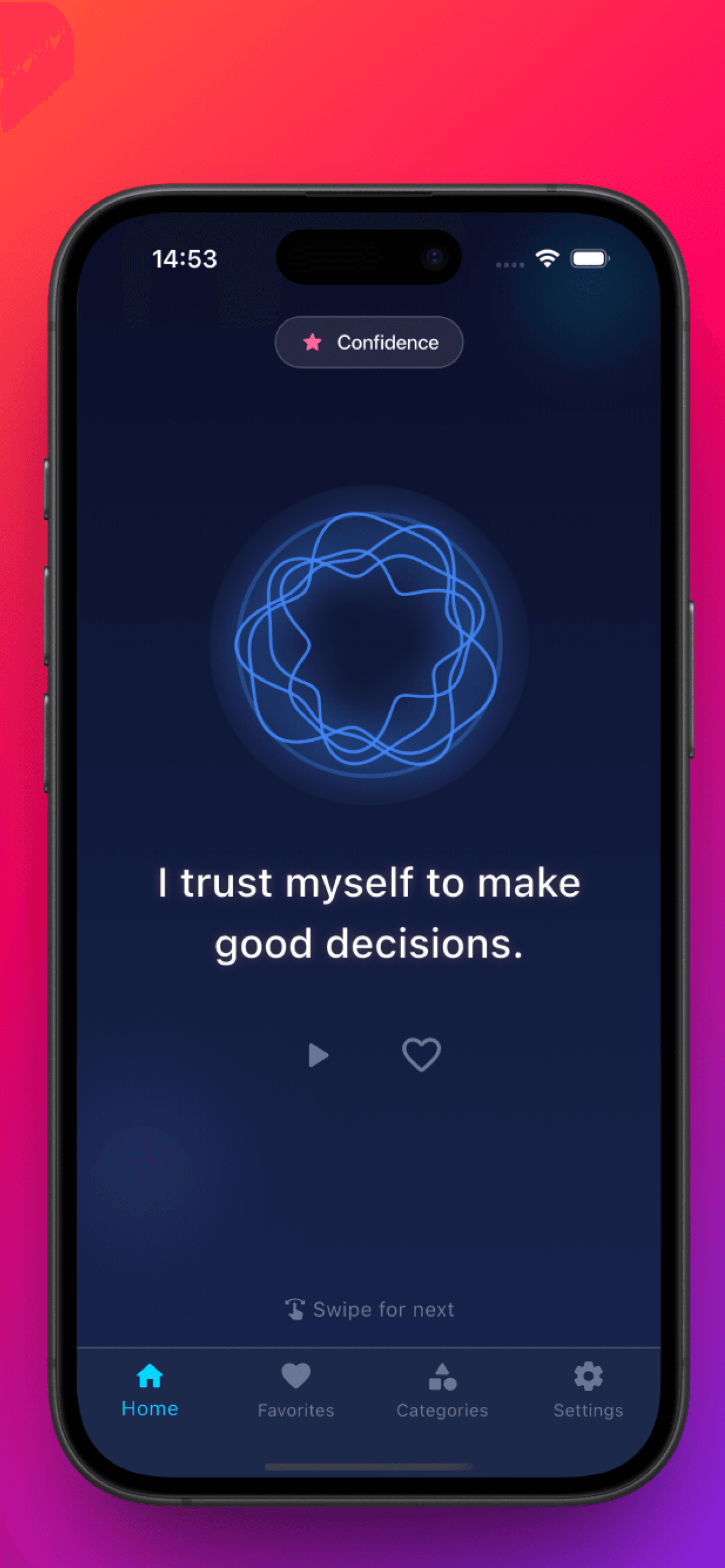Axela app home screen showing a daily affirmation with glowing energy sphere
