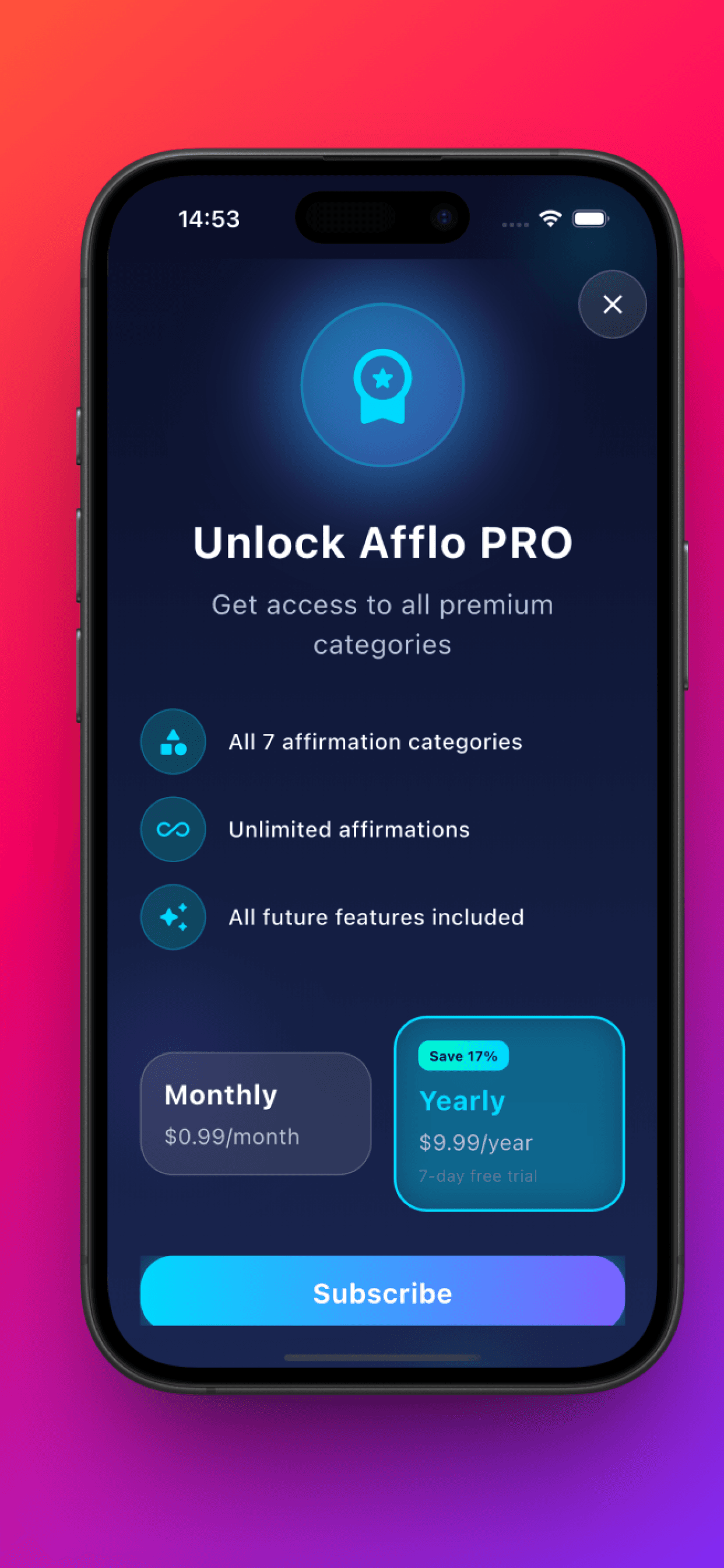 Settings screen with language picker showing 7 supported languages